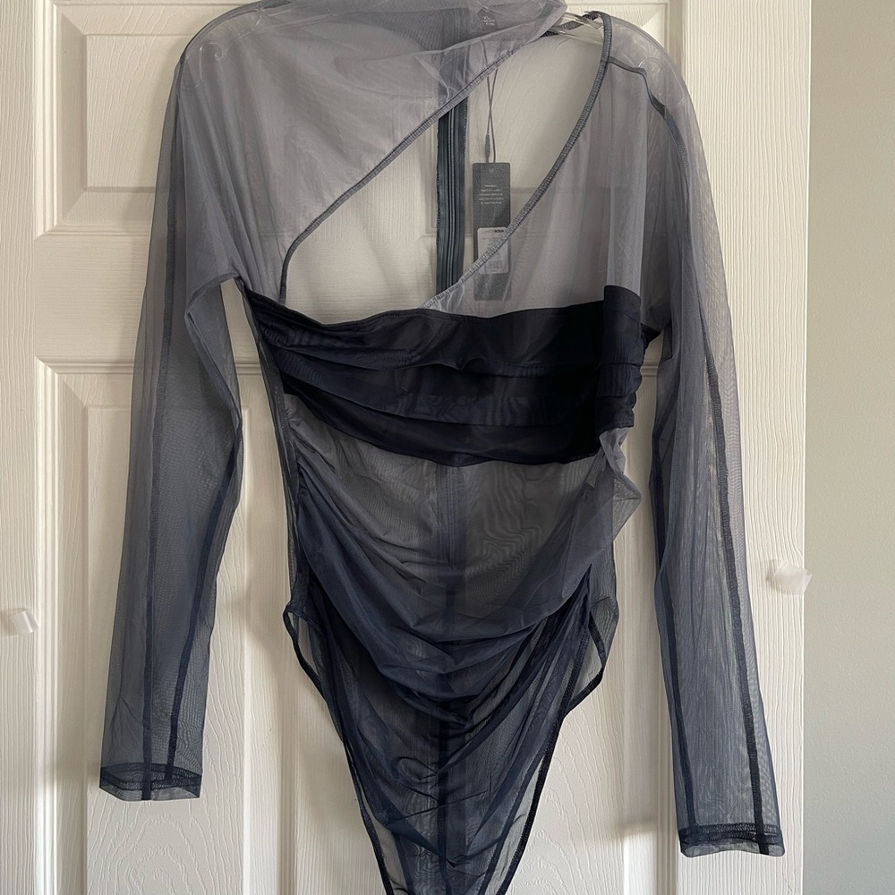 Fashion Nova Blue and Navy Sheer Bodysuit